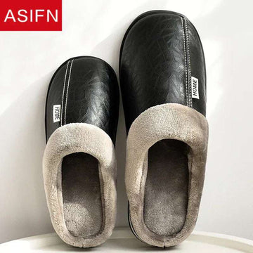 Waterproof PU leather house slippers with fur lining for cozy indoor use.