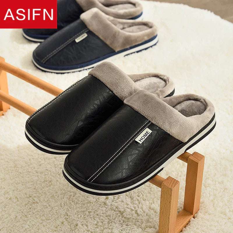 Men's LuxeComfort Slippers – Waterproof PU Leather Indoor Shoes with Cozy Fur Lining