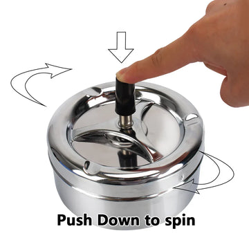 Portable ashtray with rotating lid, sleek stainless steel design, ideal for home, office, and travel use.