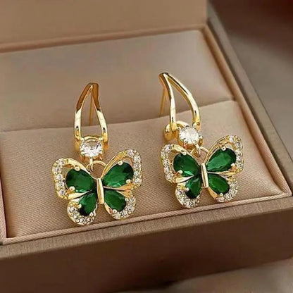 925 Silver Zircon Vintage Green Crystal Butterfly Drop Earrings