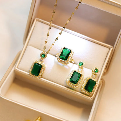 Luxury Emerald Green Stone Jewelry Set with Zircon Earrings & Ring