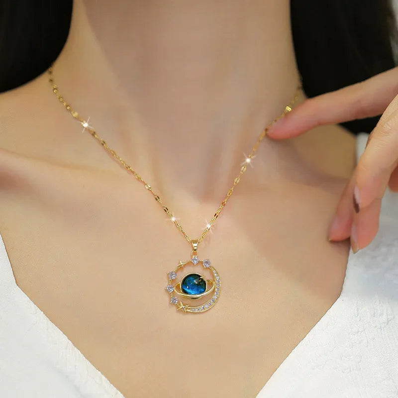 Zircon Planet Moon Pendant Necklace