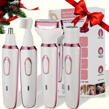 4-in-1 USB rechargeable hair remover kit for women, best pubic hair trimmer for ladies, sleek design with multiple attachments.