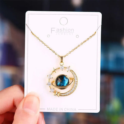 Zircon Planet Moon Pendant Necklace