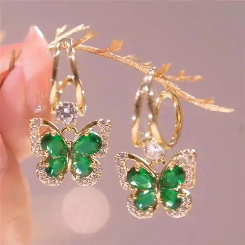 925 Silver Zircon Vintage Green Crystal Butterfly Drop Earrings