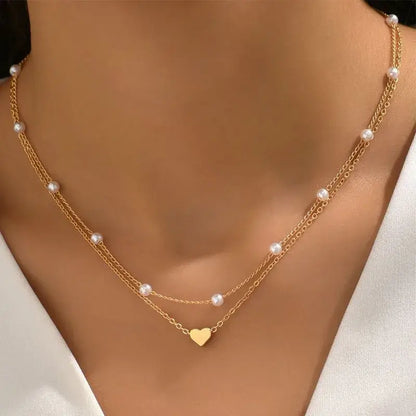 14K Gold Heart Pendant Waterproof 3-Piece Pearl Necklace Set