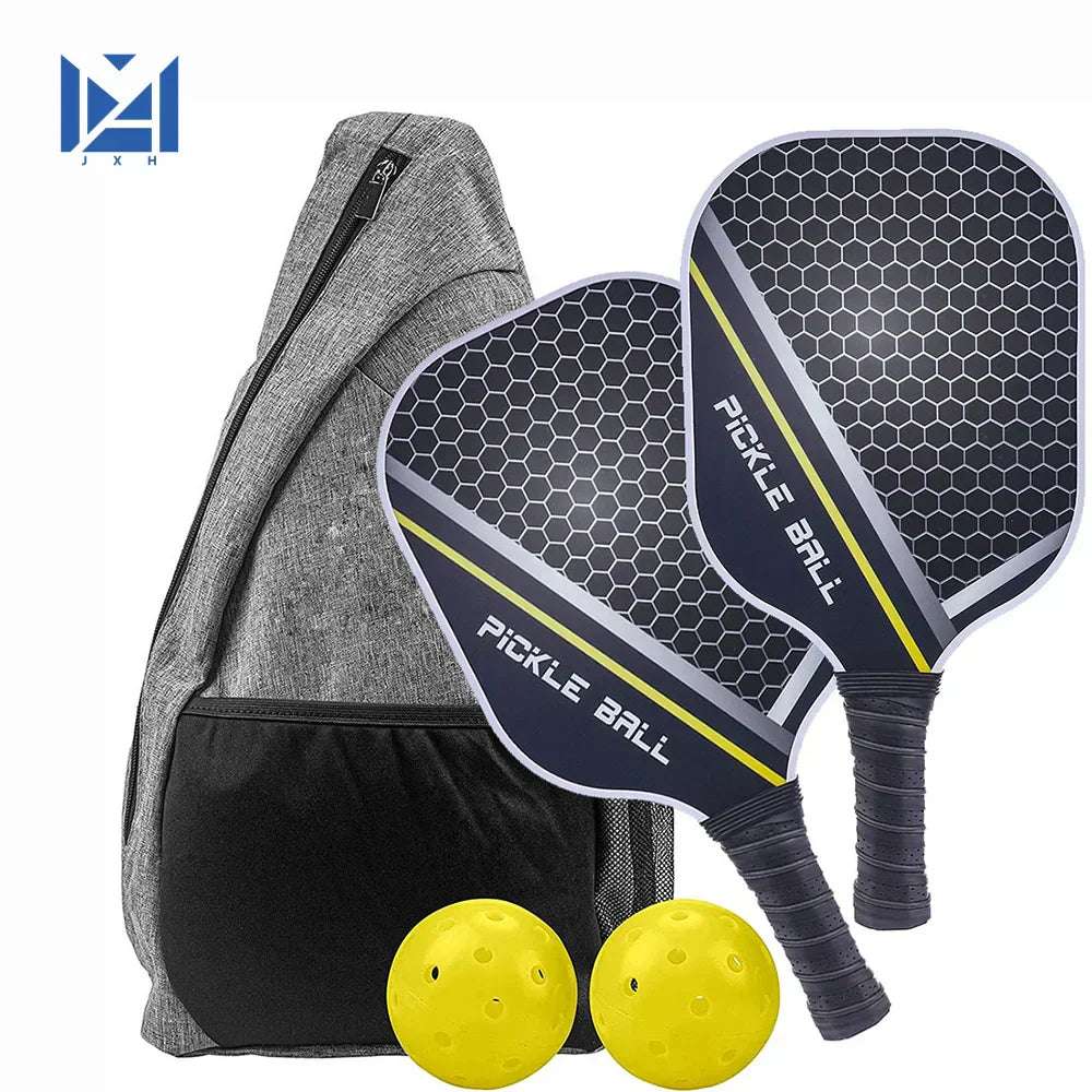 Pickleball paddles set with raw carbon fiber face, PP honeycomb core, two balls, and a carrying bag.