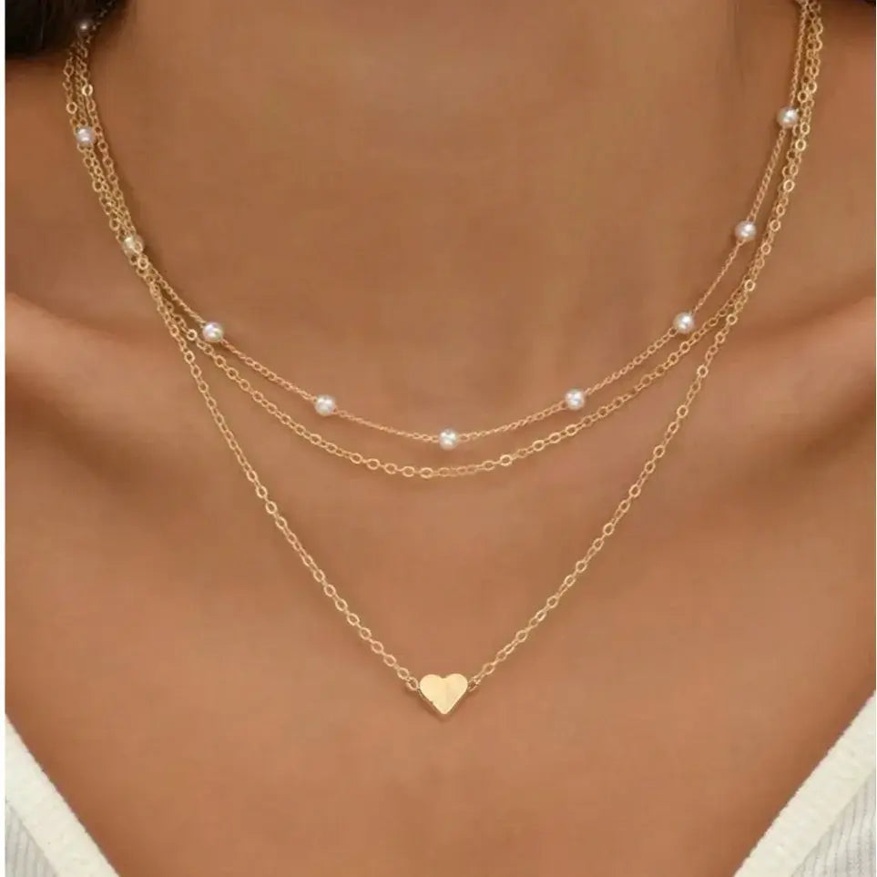 14K Gold Heart Pendant Waterproof 3-Piece Pearl Necklace Set