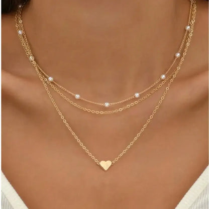 14K Gold Heart Pendant Waterproof 3-Piece Pearl Necklace Set