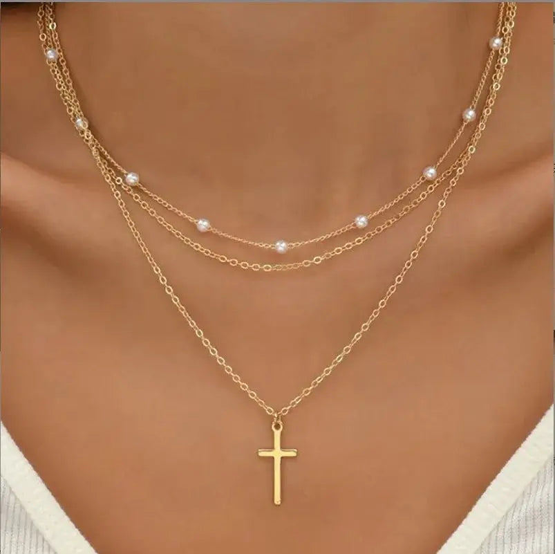 14K Gold Heart Pendant Waterproof 3-Piece Pearl Necklace Set - Shopulia